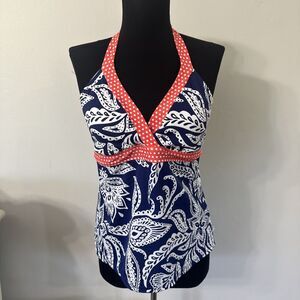 JAG ACTIVE BLUE WHITE  FLORAL PAISLEY PINK HALTER TANKINI SWIM TOP SWIMSUIT M